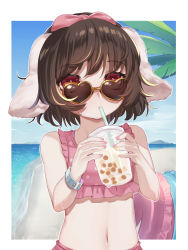 Rule 34 | 1girl, an skill, animal ears, bare arms, beach, bikini, black hair, bubble tea, rabbit ears, commentary request, cup, day, drinking, drinking straw, holding, holding cup, inaba tewi, looking at viewer, looking over eyewear, looking over glasses, nail polish, navel, ocean, outdoors, pink bikini, pink nails, polka dot, polka dot bikini, red eyes, short hair, solo, summer, sunglasses, swimsuit, tinted eyewear, touhou, upper body, wrist cuffs, yellow nails