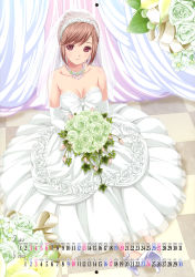 Rule 34 | 1girl, absurdres, bare shoulders, bouquet, breasts, bridal veil, brown hair, calendar, checkered floor, circle skirt, cleavage, curtains, dress, elbow gloves, floor, flower, from above, gloves, high heels, highres, holding, jewelry, koutaro, looking at viewer, looking up, necklace, original, red eyes, rose, scan, shiny skin, shoes, short hair, sitting, skindentation, smile, solo, veil, wedding dress