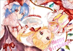 Rule 34 | 2girls, :d, ascot, back cutout, bat wings, blonde hair, bloomers, blue hair, blush, bow, box, cake, candle, clothing cutout, commentary request, cowboy shot, crystal, dress, flandre scarlet, food, forehead, frilled shirt collar, frills, from behind, gift, gift box, hair between eyes, hair bow, hand up, happy birthday, hat, hat bow, holding, holding box, holding cake, holding food, long hair, looking at viewer, looking back, mob cap, multiple girls, one side up, open mouth, parted lips, petticoat, pink dress, pink headwear, pointy ears, puffy short sleeves, puffy sleeves, red ascot, red bow, red eyes, red skirt, red vest, remilia scarlet, sakusyo, shirt, short hair, short sleeves, siblings, simple background, sisters, skirt, skirt set, smile, touhou, underwear, upper body, vest, white background, white bloomers, white headwear, white shirt, wings, wrist cuffs