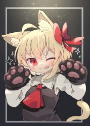 Rule 34 | 1girl, ;p, animal ear fluff, animal ears, animal hands, arms up, ascot, black background, black vest, blonde hair, blouse, blush, bow, cat ears, cat tail, commentary, dot nose, gradient background, hair bow, highres, kibisake, long sleeves, one eye closed, red ascot, red eyes, rumia, shirt, short hair, simple background, solo, sparkle, tail, tongue, tongue out, touhou, upper body, vest, white shirt, wing collar