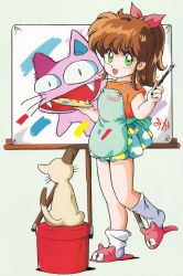 Rule 34 | 00s, 1980s (style), 1girl, ^ ^, absurdres, brown hair, canvas, cat, child, closed eyes, closed eyes, green eyes, highres, mon-mon (miyazaki kenjin), official art, retro artstyle, paint, paintbrush, painting (action), pet, retro artstyle, ribbon, smile