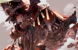 Rule 34 | 1girl, aiguillette, artist name, belt, black hair, blood, blood on face, cape, chain, cloud, commentary request, fate/grand order, fate (series), gloves, hat, jacket, kawacy, long hair, long sleeves, military, military hat, military uniform, oda nobunaga (fate), oda nobunaga (fate), oda nobunaga (koha-ace), oda nobunaga (maou avenger) (fate), red eyes, solo, uniform