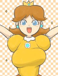 Rule 34 | 1girl, blue eyes, bouncing breasts, breasts, checkered background, dress, earrings, female focus, gloves, highres, jewelry, mario (series), nintendo, open mouth, orange hair, princess daisy, short hair, solo, star-shaped pupils, star (symbol), super mario bros. 1, super mario land, symbol-shaped pupils, yamii (yame83)