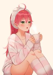 Rule 34 | 1girl, ahoge, alternate costume, blush, breasts, cleavage, collarbone, cup, green eyes, hair between eyes, highres, holding, holding cup, hololive, knees, long hair, loungewear, medium breasts, mirai (mirai76 ), open mouth, pink hair, sakura miko, sitting, socks, solo, striped clothes, striped legwear, striped socks, virtual youtuber, white background