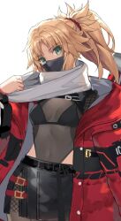 Rule 34 | 1girl, black skirt, blonde hair, braid, breasts, fate/apocrypha, fate (series), french braid, green eyes, highres, jacket, long hair, long sleeves, looking at viewer, mask, mordred (fate), mordred (fate/apocrypha), mouth mask, parted bangs, ponytail, red jacket, scarf, sidelocks, skirt, small breasts, solo, tonee, white scarf