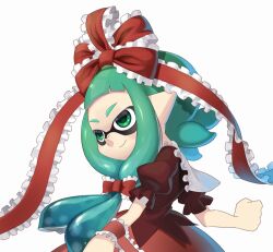 Rule 34 | 1girl, bad link, blunt bangs, clenched hand, closed mouth, dress, frilled ribbon, frills, front ponytail, green eyes, green hair, hair ribbon, inkling, inkling player character, kagiyama hina, long hair, nintendo, nomu (29 nom), pointy ears, puffy short sleeves, puffy sleeves, red dress, red ribbon, ribbon, short bangs, short sleeves, simple background, smile, solo, splatoon (series), touhou, upper body, white background, wrist ribbon
