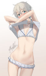 Rule 34 | 1girl, bad id, bad twitter id, bikini, bikini skirt, blue eyes, clothes lift, commentary request, cowboy shot, dated, frilled skirt, frills, gradient background, kantai collection, lifting own clothes, lowleg, lowleg bikini, microskirt, one-hour drawing challenge, pallad, pleated skirt, sailor bikini, sailor collar, shirt lift, short hair, signature, silver hair, skirt, solo, swimsuit, undressing, white background, white sailor collar, z1 leberecht maass (kancolle)