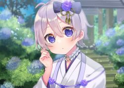 Rule 34 | 1boy, ahoge, black bow, blurry, blurry background, blush, bow, commentary request, girly boy, hair between eyes, hair bow, highres, japanese clothes, jewelry, kimono, looking at viewer, male focus, necklace, original, outdoors, purple eyes, short hair, sidelocks, silver hair, solo, stairs, suzu (minagi), white kimono
