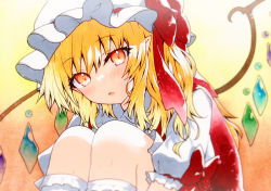 Rule 34 | ascot, collared shirt, crystal, flandre scarlet, frilled shirt collar, frilled sleeves, frills, hat, highres, mob cap, one side up, puffy short sleeves, puffy sleeves, qqqrinkappp, red eyes, red vest, shirt, short hair, short sleeves, slit pupils, touhou, traditional media, vest, white hat, white shirt, wrist cuffs, yellow ascot