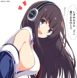 Rule 34 | 1girl, :d, azur lane, blue eyes, breasts, brown hair, commentary request, headphones, highres, kamishiro (rsg10679), large breasts, long hair, long island (azur lane), looking at viewer, open mouth, sideboob, simple background, smile, solo, speech bubble, translation request, twitter username, upper body, white background