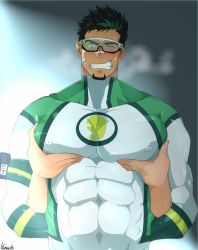 Rule 34 | 1boy, 1other, alternate pectoral size, bara, black hair, blush, bodysuit, bound, bound wrists, breath, character request, clenched teeth, covered abs, covered erect nipples, covered navel, dark-skinned male, dark skin, facial hair, goatee, grabbing, green bodysuit, green hair, groping, highres, large pectorals, live a hero, male focus, manly, multicolored hair, muscular, one eye closed, pectoral grab, pectorals, skin tight, solo focus, streaked hair, sweat, teeth, tight clothes, upper body, white bodysuit, yamato (pixiv29997945)