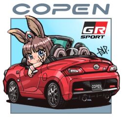 Rule 34 | 1girl, ahoge, animal ears, blue eyes, blush, car, character request, convertible, daihatsu, daihatsu copen, from behind, horse ears, horse girl, license plate, looking at viewer, looking back, making-of available, motor vehicle, red car, smile, sports car, takedake (motion animator), umamusume, v, vehicle focus, vehicle name, wristband