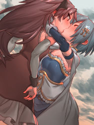 Rule 34 | 2girls, armpits, arms around neck, bare shoulders, blue eyes, blue hair, blush, cape, capelet, closed eyes, cloud, detached sleeves, dutch angle, female focus, fortissimo, from below, from side, hair ornament, highres, jewelry, kiss, long hair, mahou shoujo madoka magica, mahou shoujo madoka magica (anime), mahou shoujo madoka magica movie 1 &amp; 2, masanaga (tsukasa), miki sayaka, multiple girls, musical note, musical note hair ornament, red hair, ring, sakura kyoko, sweatdrop, white capelet, yuri