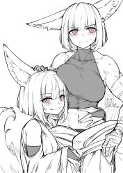 Rule 34 | 3girls, abs, animal ears, bandaged hand, bandages, blush, grabbing another&#039;s breast, breasts, crop top, gloves, grabbing, greenopi, greyscale, highres, large breasts, looking at viewer, looking to the side, monochrome, multiple girls, muscular, muscular female, original, pink eyes, robe, siblings, smile, spread navel, tail, toned, twins, white background