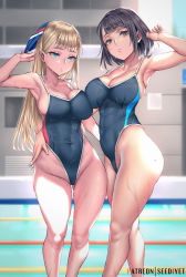 Rule 34 | 2girls, arm up, armpits, ass, black hair, blonde hair, blue eyes, breasts, cleavage, competition swimsuit, covered navel, green eyes, highleg, highleg swimsuit, large breasts, long hair, looking at viewer, multiple girls, one-piece swimsuit, original, outdoors, pool, swimsuit, viola (seed), wet, wide hips