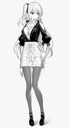 Rule 34 | 1girl, bare shoulders, breasts, clothing cutout, collared shirt, dress shirt, emily stock, full body, grey background, greyscale, hair between eyes, hair ribbon, hand on own hip, highres, long hair, looking away, looking to the side, medium breasts, monochrome, one side up, original, pantyhose, parted lips, plaid, plaid skirt, puffy short sleeves, puffy sleeves, ribbon, ririko (zhuoyandesailaer), shadow, shirt, shoes, short sleeves, shoulder cutout, simple background, skirt, solo, standing, very long hair