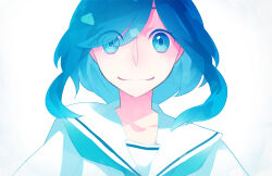 Rule 34 | 1girl, blue hair, blue neckerchief, closed mouth, collared dress, colored eyelashes, commentary request, dress, eyelashes, eyes visible through hair, grey background, hair over one eye, long bangs, looking at viewer, neckerchief, portrait, sailor collar, saine, smile, solo, swept bangs, vocaloid, white dress