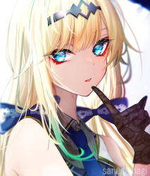Rule 34 | 1girl, aizawa ema, bare shoulders, black gloves, blonde hair, blue bow, blue eyes, blue necktie, bow, collared dress, dress, eyelashes, gloves, gradient hair, hair between eyes, hairband, highres, index finger raised, long hair, looking at viewer, multicolored hair, necktie, official alternate costume, parted lips, sanada nagi, solo, upper body, very long hair, virtual youtuber, vspo!