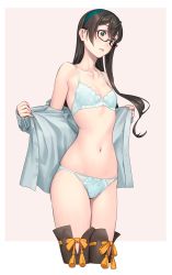 Rule 34 | 1girl, bare shoulders, black-framed eyewear, blue bra, blue panties, blush, bow, bow panties, bra, breasts, brown thighhighs, collarbone, cowboy shot, glasses, green eyes, hair ornament, hairband, highres, kantai collection, lace, lace-trimmed bra, lace-trimmed panties, lace trim, long hair, long sleeves, navel, off shoulder, ooyodo (kancolle), open clothes, open shirt, panties, parted lips, semi-rimless eyewear, simple background, skindentation, small breasts, solo, standing, stomach, string panties, thighhighs, thighs, two-tone background, under-rim eyewear, underwear, undressing, yuuji (and)