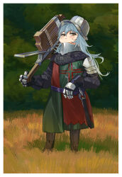 Rule 34 | 1girl, armor, belt, blue hair, blush, bow (weapon), brown hair, chainmail, crossbow, g11 (girls&#039; frontline), girls&#039; frontline, grass, helmet, highres, holding, holding crossbow, holding weapon, long hair, looking at viewer, mush, solo, sweatdrop, weapon