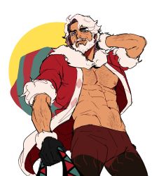 Rule 34 | 10tnt (dextnt711), 1boy, abs, absurdres, bara, bare pectorals, beard, blue eyes, bulge, chest hair, cookie run, eggnog cookie, facial hair, feet out of frame, fur-trimmed jacket, fur trim, gift bag, highres, jacket, looking at viewer, male focus, mature male, muscular, muscular male, mustache, navel, navel hair, nipple slip, nipples, old, old man, open clothes, open jacket, pants, pectorals, red pants, santa costume, short hair, sleeves rolled up, solo, stomach, thick eyebrows, thick thighs, thighs, unfinished, white hair, wrinkled skin