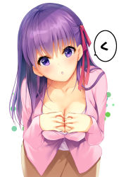 Rule 34 | 1girl, breasts, cleavage, collarbone, fate (series), hair ribbon, highres, ichikawa noa, large breasts, leaning forward, long hair, looking at viewer, matou sakura, parted lips, pink ribbon, purple eyes, purple hair, ribbon, simple background, solo, translation request, white background