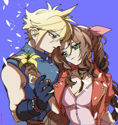 Rule 34 | 1boy, 1girl, aerith gainsborough, bangle, belt, black gloves, blonde hair, blue background, blue shirt, blush, bracelet, braid, braided ponytail, breasts, brown belt, brown hair, choker, cleavage, closed mouth, cloud strife, dress, final fantasy, final fantasy vii, final fantasy vii remake, flower, flower choker, gloves, green eyes, hair between eyes, hair ribbon, highres, holding, holding another&#039;s wrist, holding flower, jacket, jewelry, lily (flower), long hair, medium breasts, mi cha iru, parted bangs, parted lips, pink dress, pink ribbon, red jacket, ribbon, shirt, short hair, short sleeves, sidelocks, single bare shoulder, single braid, sleeveless, sleeveless turtleneck, spiked hair, suspenders, turtleneck, upper body, wavy hair, yellow flower