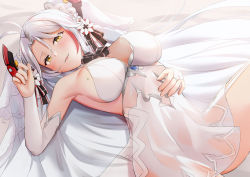 Rule 34 | 1girl, arm up, azur lane, blush, breasts, cleavage, dress, elbow gloves, flower, gloves, hair flower, hair ornament, hair ribbon, hand on own stomach, highres, jewelry, large breasts, long hair, looking at viewer, lying, mole, mole on breast, multicolored hair, official alternate costume, on back, open mouth, prinz eugen (azur lane), prinz eugen (symphonic fate) (azur lane), ribbon, ring, sebu illust, silver hair, smile, solo, white dress, white gloves, yellow eyes