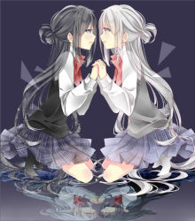 Rule 34 | 2girls, ayumaru (art of life), black hair, bow, different reflection, eye contact, holding hands, interlocked fingers, long hair, looking at another, multiple girls, original, reflection, school uniform, socks, symmetry, tears, white hair
