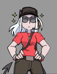 Rule 34 | 1girl, alternate costume, bad id, bad pixiv id, baseball cap, belt, black horns, bracelet, brown hat, brown pants, closed mouth, cowboy shot, d00t666, demon girl, demon horns, demon tail, expressionless, grey background, grey horns, hands on own hips, hat, headset, helltaker, highres, horns, jewelry, justice (helltaker), long hair, pants, red scout (tf2), red shirt, scout (tf2), shirt, short sleeves, solo, star (symbol), sunglasses, tail, team fortress 2, white hair