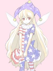 Rule 34 | 1girl, american flag dress, american flag legwear, blonde hair, clownpiece, fairy wings, frilled shirt collar, frills, hat, jack (wkm74959), jester cap, long hair, neck ruff, pantyhose, red eyes, simple background, smile, solo, striped clothes, striped pantyhose, touhou, very long hair, wings