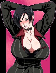 Rule 34 | 1girl, ada wong, arms behind head, arms up, black hair, blush, bra, breasts, capcom, cleavage, formal, ginnyo, highres, huge breasts, naughty face, office lady, resident evil, resident evil: damnation, short hair, smile, solo, underwear