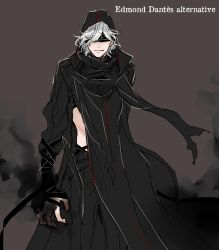 Rule 34 | 1boy, bad id, bad twitter id, black nails, blindfold, brown background, character name, closed mouth, dark persona, edmond dantes (fate), fate/grand order, fate (series), male focus, nail polish, robe, short hair, silver hair, simple background, yuyuto