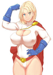 Rule 34 | 1girl, absurdres, blonde hair, blue eyes, bodysuit, breasts, cape, cleavage, cowboy shot, dc comics, hakai shin, highres, huge breasts, impossible clothes, impossible shirt, looking at viewer, power girl, shirt, short hair, simple background, solo, thick thighs, thighs, wide hips