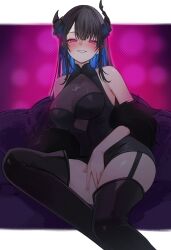Rule 34 | 1girl, absurdres, asymmetrical horns, bare shoulders, black hair, blue hair, breasts, colored inner hair, demon horns, glowing, glowing eyes, hair ornament, highres, hololive, hololive english, horns, long hair, looking at viewer, medium breasts, mole, mole under eye, multicolored hair, narrowed eyes, nerissa ravencroft, official alternate costume, pink eyes, shou3 2, smile, smug, solo, two-tone hair, uneven horns, virtual youtuber