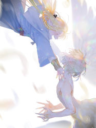Rule 34 | 2girls, blonde hair, blue capelet, blue coat, blue dress, blush, braid, capelet, closed eyes, coat, crying, dress, dungeon meshi, facing another, falin touden, falin touden (chimera), feathered wings, feathers, fingernails, from side, hair ornament, half updo, happy, highres, laughing, long hair, long sleeves, marcille donato, monster girl, motion blur, multiple girls, nude, open mouth, outstretched arms, pointy ears, profile, reaching, sharp fingernails, short hair, side braid, simple background, single braid, spoilers, swissmissmachi, tears, upper body, white background, wings