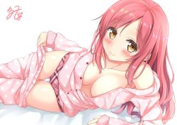 Rule 34 | 1girl, arm support, bad id, bad pixiv id, bare shoulders, blush, breasts, brown eyes, cleavage, closed mouth, clothes pull, collarbone, eyebrows, karutamo, light smile, long hair, long sleeves, looking at viewer, lying, off shoulder, on bed, on side, original, pajamas, panties, pants, pants pull, pink hair, pink pants, plaid, plaid panties, polka dot, polka dot pajamas, shiny skin, signature, solo, thigh gap, unbuttoned, underwear, white background