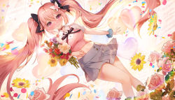 Rule 34 | 1girl, ahoge, apple caramel, balloon, bouquet, bow, breasts, choker, collared shirt, crop top, dutch angle, flower, grey skirt, hair bow, heart balloon, highres, holding, indie virtual youtuber, large breasts, long hair, looking at viewer, midriff, miniskirt, navel, pink eyes, pink hair, pink shirt, pleated skirt, shirt, short sleeves, skirt, sleeveless, sleeveless shirt, smile, solo, stomach, thighs, twintails, undershirt, very long hair, virtual youtuber, white shirt