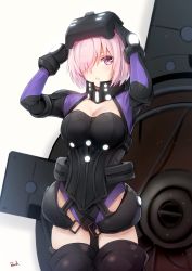 Rule 34 | 1girl, bad id, bad twitter id, bee doushi, black gloves, boots, breasts, cleavage, collar, fate/grand order, fate (series), gloves, hair over one eye, highres, large breasts, mash kyrielight, mash kyrielight (ortenaus), metal collar, pink eyes, pink hair, shield, signature, solo, thigh boots, thighhighs
