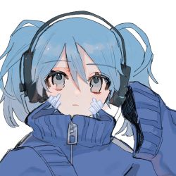 Rule 34 | 1girl, blue eyes, blue hair, blue jacket, blue theme, closed mouth, dot nose, ene (kagerou project), hair between eyes, headphones, high collar, highres, jacket, kagerou project, light blush, long sleeves, nmuy, portrait, simple background, sleeves past fingers, sleeves past wrists, solo, track jacket, twintails, white background