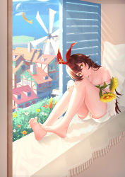 Rule 34 | 1girl, amber (genshin impact), bare legs, barefoot, breasts, brown hair, cleavage, collarbone, feet, flower, genshin impact, head tilt, highres, legs, long hair, pillow, red ribbon, ribbon, sitting, smile, solo, sunflower, toes, wer0, wind chime, window, windowsill, yellow eyes
