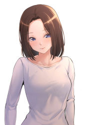 Rule 34 | 1girl, arms at sides, bang dream!, blue eyes, breasts, brown hair, closed mouth, collarbone, commentary request, highres, korean commentary, light smile, long hair, long sleeves, looking at viewer, medium breasts, parted bangs, ptal, shirt, sidelocks, simple background, solo, upper body, wakana rei, white background, white shirt