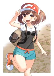 Rule 34 | 1girl, :d, absurdres, backpack, bad id, bad twitter id, bag, baseball cap, blue shorts, blush, breasts, brown eyes, collarbone, creatures (company), elaine (pokemon), game freak, hat, highres, leg up, looking at viewer, nintendo, open mouth, peaked cap, pokemon, pokemon lgpe, print headwear, red hat, ribbon, shirt, shoes, short hair, short shorts, short sleeves, shorts, small breasts, smile, sneakers, solo, standing, standing on one leg, yellow ribbon, yuihico