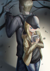 Rule 34 | 1boy, 1girl, absurdres, back-to-back, bandaged hand, blonde hair, blue eyes, book, branch, ethan winters, father and daughter, hat, highres, hood, hoodie, injury, jacket, jagoo, light blush, resident evil, resident evil village, rosemary winters, smile, spoilers