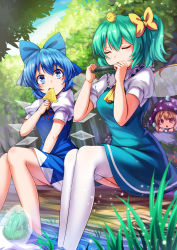 Rule 34 | 3girls, absurdres, ascot, bare legs, bird, blonde hair, blue bow, blue eyes, blue hair, blush stickers, bow, breasts, cirno, clownpiece, commentary request, daiyousei, dress, eating, closed eyes, fairy wings, food, frog, green hair, hair bow, harmonica, hat, highres, ice, ice wings, instrument, jester cap, koissa, log, medium breasts, multiple girls, music, nature, neck ruff, outdoors, pink eyes, playing instrument, polka dot, popsicle, puffy short sleeves, puffy sleeves, red ribbon, ribbon, short dress, short hair, short sleeves, side ponytail, sitting, thighhighs, touhou, triangle mouth, white legwear, wings, yellow bow