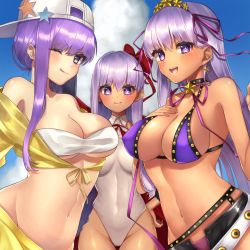 Rule 34 | &gt;:), &gt;:d, 3girls, backwards hat, bandeau, bare shoulders, bb (fate), bb (fate) (all), bb (swimsuit mooncancer) (fate), bb (swimsuit mooncancer) (first ascension) (fate), bb (swimsuit mooncancer) (second ascension) (fate), bb (swimsuit mooncancer) (third ascension) (fate), bikini, black garter belt, black shorts, blue bikini, blush, bow, braid, breasts, cape, cloud, covered erect nipples, cowboy shot, day, earrings, fate/grand order, fate (series), french braid, front-tie top, garter belt, gyaru, hair bow, hair ornament, hair ribbon, hairband, hand on own chest, hat, highleg, highleg leotard, highres, hood, hoodie, jacket, jewelry, large breasts, leotard, long braid, long hair, looking at viewer, micro shorts, multiple girls, multiple persona, navel, off shoulder, open clothes, open shorts, purple bikini, purple eyes, purple hair, purple hairband, purple ribbon, red bow, red cape, red ribbon, ribbon, shorts, sky, star (symbol), star earrings, star hair ornament, stomach, strapless, strapless bikini, studded garter belt, swimsuit, tongue, tongue out, v-shaped eyebrows, very long hair, white bikini, white leotard, yayoi maka, yellow hoodie, yellow jacket