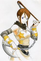 Rule 34 | 00s, 1girl, blue eyes, breasts, brown hair, chain, chain scythe, cleavage, gorigo, highres, kama, kusarigama, large breasts, marker (medium), nakatsukasa tsubaki, ponytail, sickle, simple background, solo, soul eater, traditional media, weapon