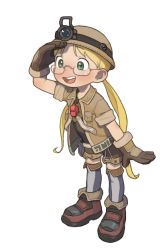 Rule 34 | 1girl, blonde hair, boots, brown gloves, brown jacket, child, female focus, glasses, gloves, green eyes, hat, highres, jacket, leaning forward, made in abyss, open clothes, open jacket, opossumachine, riko (made in abyss), rimless eyewear, shading eyes, simple background, solo, standing, twintails, whistle, white background