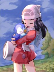 Rule 34 | 1girl, bag, beanie, black hair, blush stickers, c.parfait, closed eyes, cloud, coat, commentary request, creatures (company), dawn (pokemon), day, duffel bag, eyelashes, game freak, gen 4 pokemon, grass, hair ornament, hairclip, hat, holding, holding pokemon, long hair, long sleeves, nintendo, outdoors, piplup, pokemon, pokemon (creature), pokemon dppt, pokemon platinum, red coat, scarf, sidelocks, signature, sky, standing, tree, white bag, white headwear, white scarf