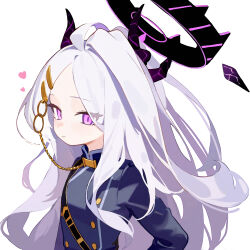 Rule 34 | 1girl, absurdres, aiguillette, blue archive, demon horns, halo, highres, hina (blue archive), horns, long hair, long sleeves, military uniform, multiple horns, purple eyes, simple background, solo, uniform, upper body, white background, white hair, xsan